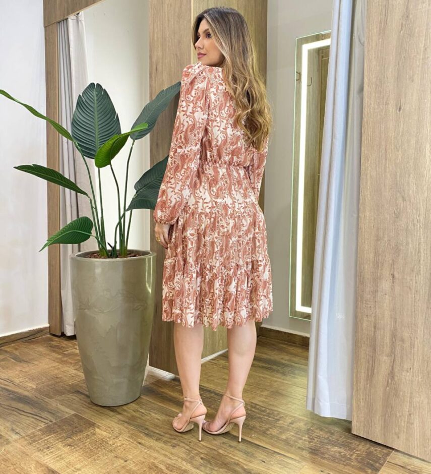 Vestido Feminino Curto Margarida Manga Longa Paisley Bege - Fernanda Ramos Store