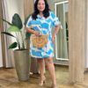 Vestido Feminino Curto Plus Manga Curta com Botões Estampado Azul - Fernanda Ramos Store