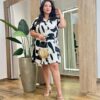Vestido Feminino Curto Plus Manga Curta com Botões Estampado Preto - Fernanda Ramos Store