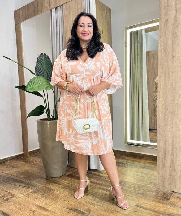 Vestido Feminino Curto Plus Manga Curta Estampado Salmão - Fernanda Ramos Store