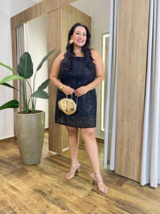 Vestido Feminino Curto Plus sem Bojo Amarração Paetê Preto - Fernanda Ramos Store