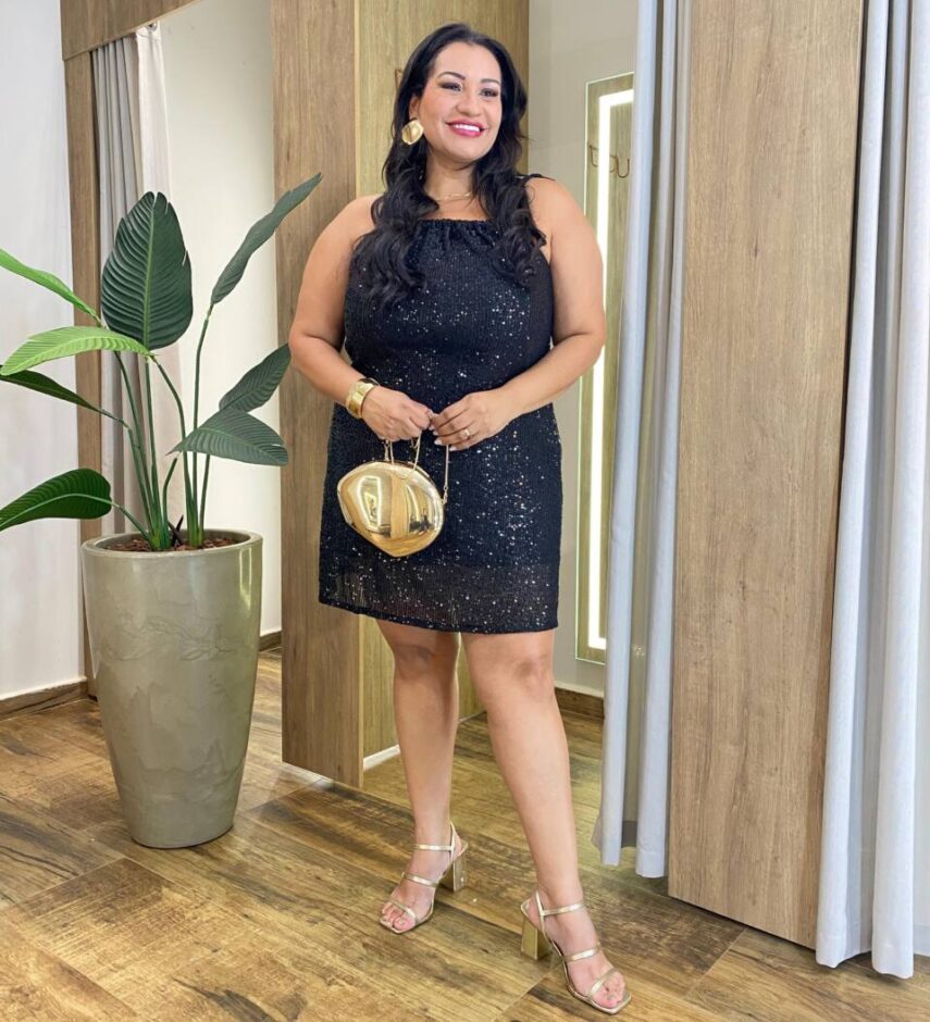 Vestido Feminino Curto Plus sem Bojo Amarração Paetê Preto - Fernanda Ramos Store