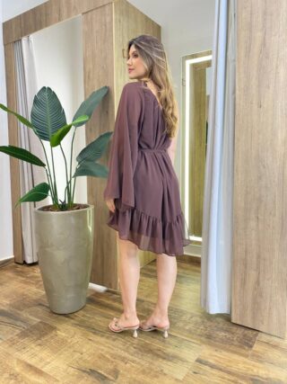 Vestido Feminino Curto Rubi Nula Manga com Transparência Marrom - Fernanda Ramos Store