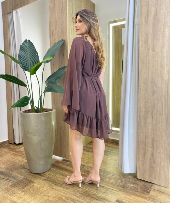Vestido Feminino Curto Rubi Nula Manga com Transparência Marrom - Fernanda Ramos Store