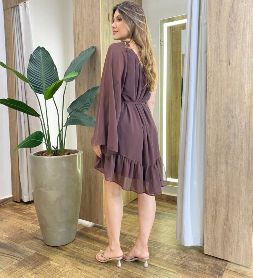 Vestido Feminino Curto Rubi Nula Manga com Transparência Marrom - Fernanda Ramos Store