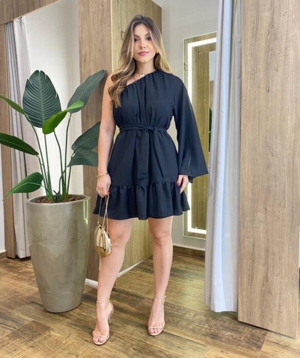 Vestido Feminino Curto Rubi Nula Manga com Transparência Preto - Fernanda Ramos Store