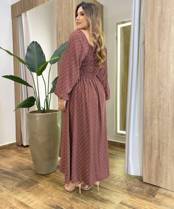 Vestido Feminino Lara Longo sem Bojo Detalhes Estampa Bolinha Marrom - Fernanda Ramos Store