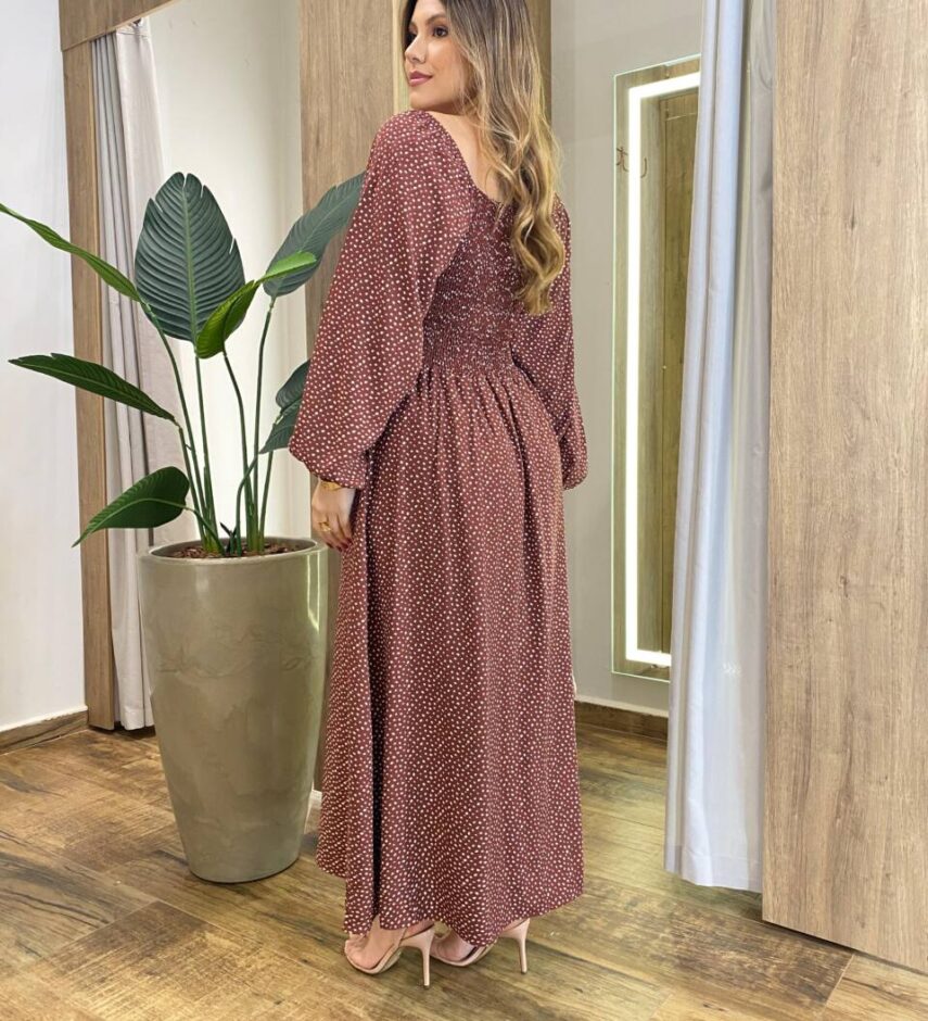 Vestido Feminino Lara Longo sem Bojo Detalhes Estampa Bolinha Marrom - Fernanda Ramos Store
