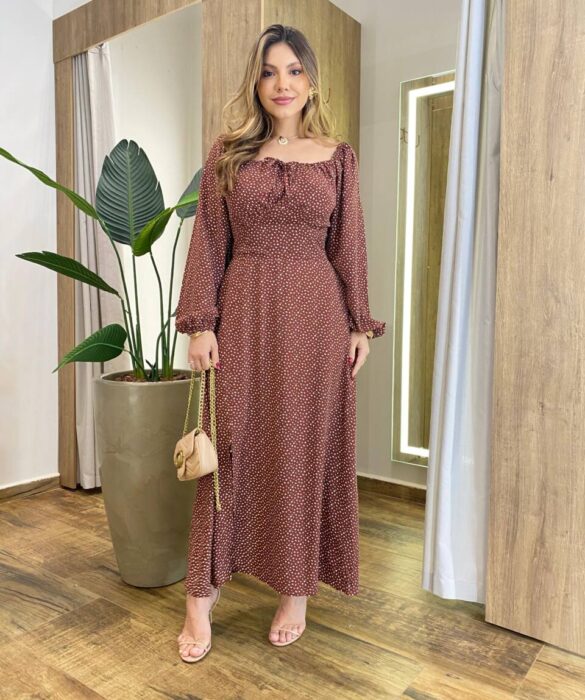 Vestido Feminino Lara Longo sem Bojo Detalhes Estampa Bolinha Marrom - Fernanda Ramos Store