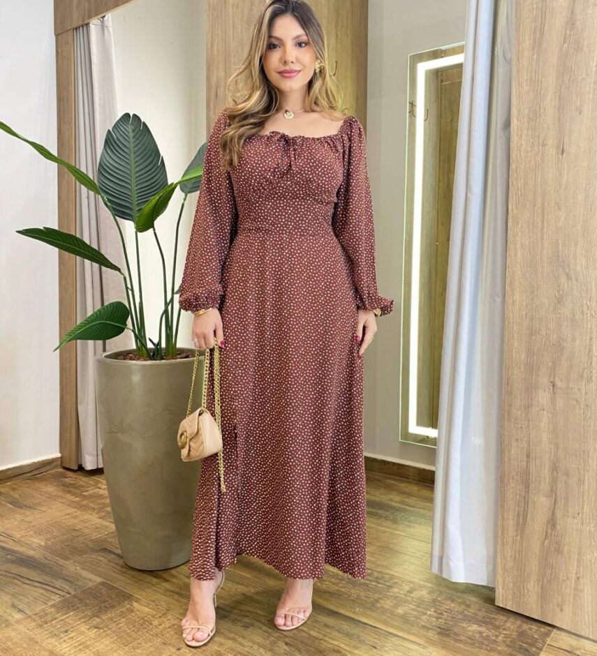 Vestido Feminino Lara Longo sem Bojo Detalhes Estampa Bolinha Marrom - Fernanda Ramos Store