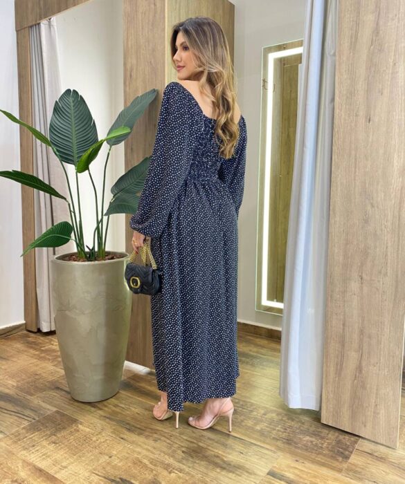Vestido Feminino Lara Longo sem Bojo Detalhes Estampa Bolinha Preto - Fernanda Ramos Store