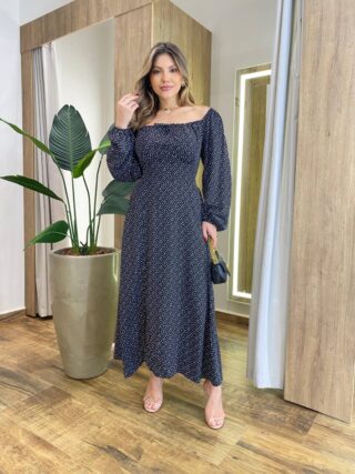 Vestido Feminino Lara Longo sem Bojo Detalhes Estampa Bolinha Preto - Fernanda Ramos Store