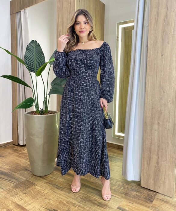 Vestido Feminino Lara Longo sem Bojo Detalhes Estampa Bolinha Preto - Fernanda Ramos Store