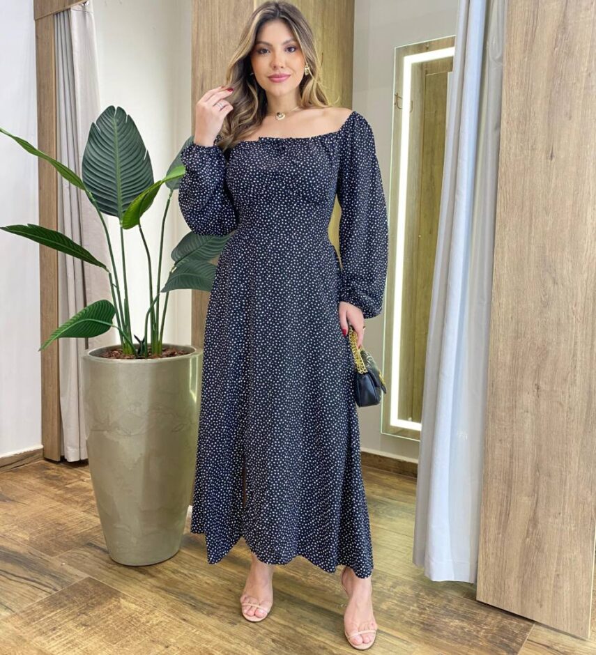 Vestido Feminino Lara Longo sem Bojo Detalhes Estampa Bolinha Preto - Fernanda Ramos Store