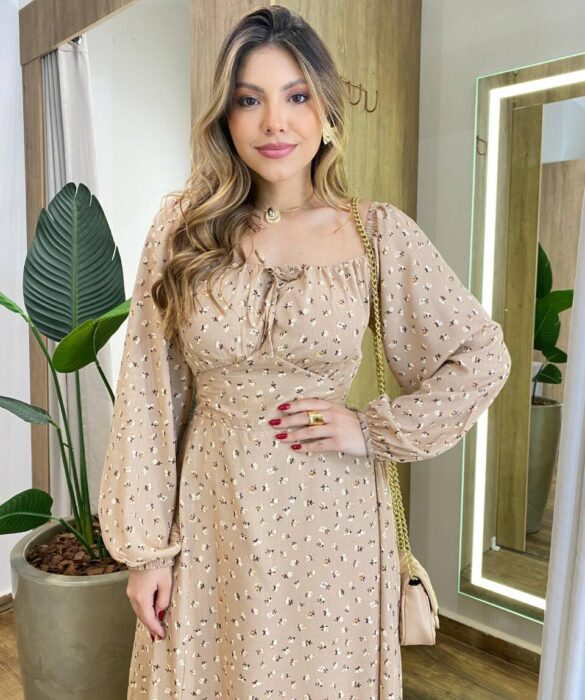 Vestido Feminino Lara Longo sem Bojo Detalhes Estampado Bege - Fernanda Ramos Store