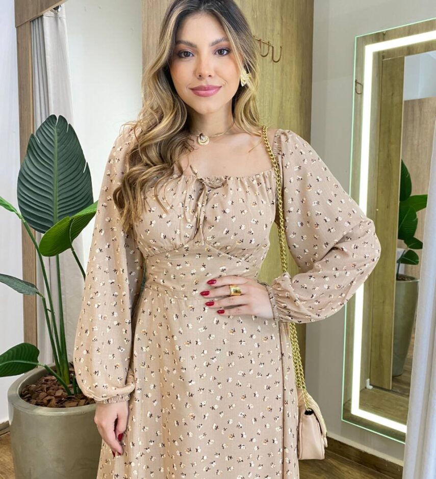 Vestido Feminino Lara Longo sem Bojo Detalhes Estampado Bege - Fernanda Ramos Store