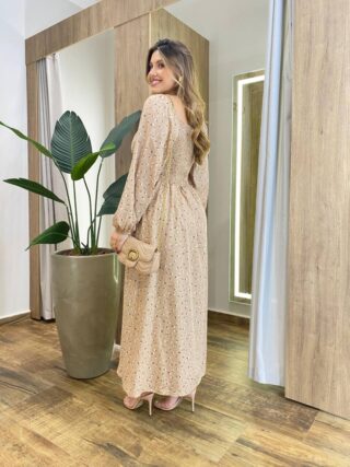 Vestido Feminino Lara Longo sem Bojo Detalhes Estampado Bege - Fernanda Ramos Store