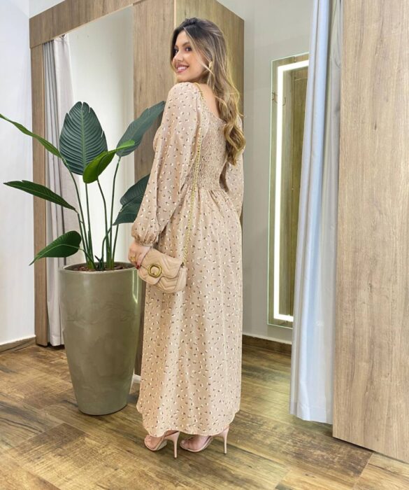 Vestido Feminino Lara Longo sem Bojo Detalhes Estampado Bege - Fernanda Ramos Store