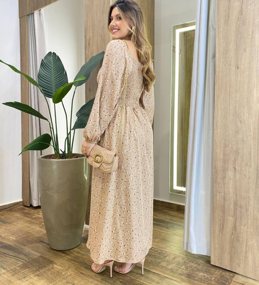 Vestido Feminino Lara Longo sem Bojo Detalhes Estampado Bege - Fernanda Ramos Store