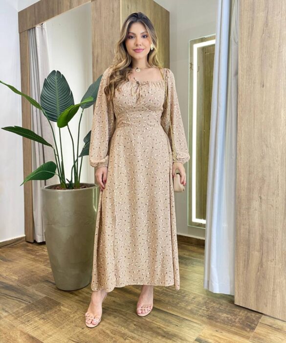 Vestido Feminino Lara Longo sem Bojo Detalhes Estampado Bege - Fernanda Ramos Store