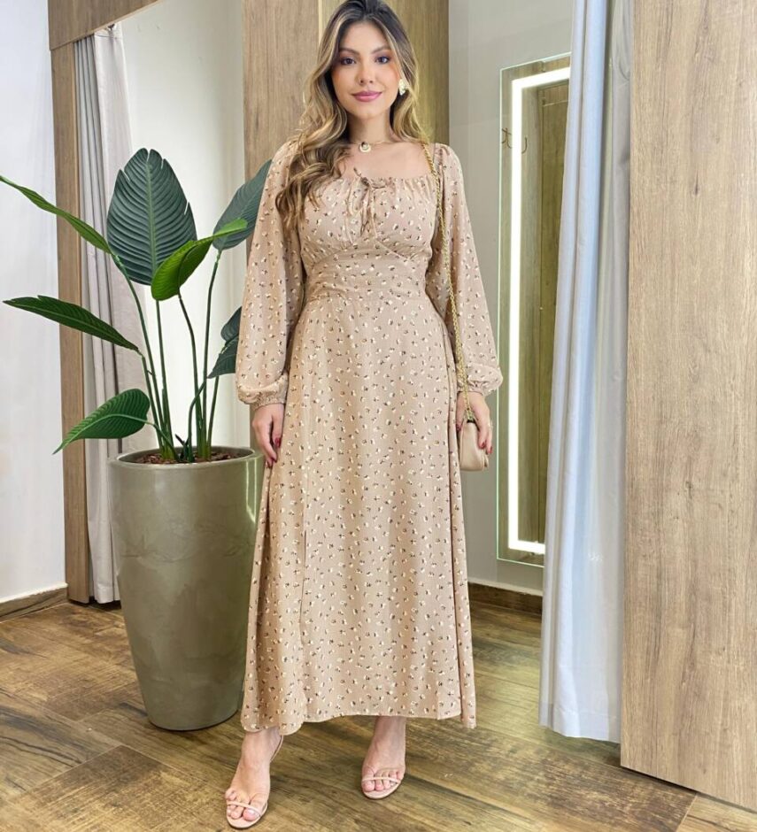 Vestido Feminino Lara Longo sem Bojo Detalhes Estampado Bege - Fernanda Ramos Store