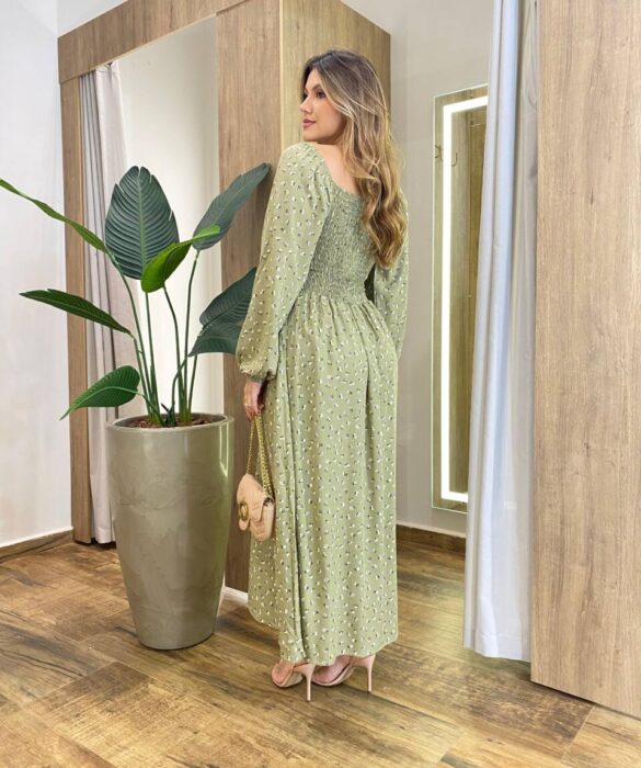 Vestido Feminino Lara Longo sem Bojo Detalhes Estampado Verde - Fernanda Ramos Store