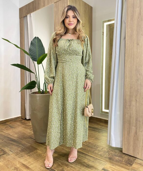 Vestido Feminino Lara Longo sem Bojo Detalhes Estampado Verde - Fernanda Ramos Store