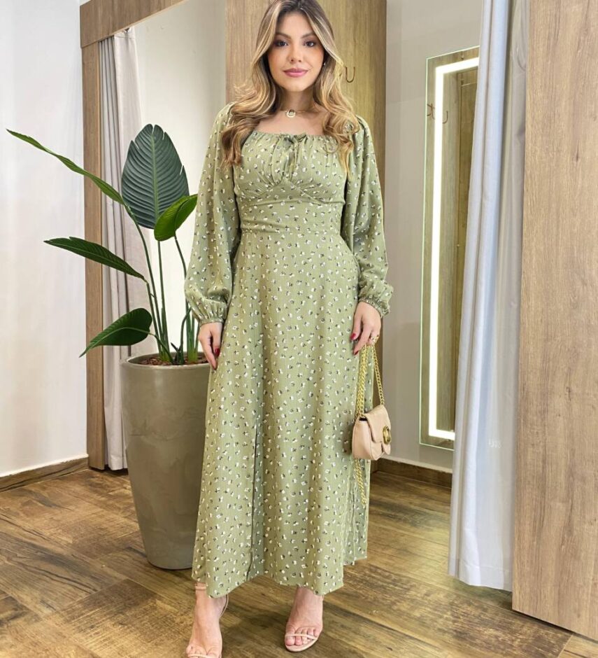 Vestido Feminino Lara Longo sem Bojo Detalhes Estampado Verde - Fernanda Ramos Store