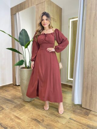 Vestido Feminino Lara Longo sem Bojo Detalhes Marrom Avermelhado - Fernanda Ramos Store