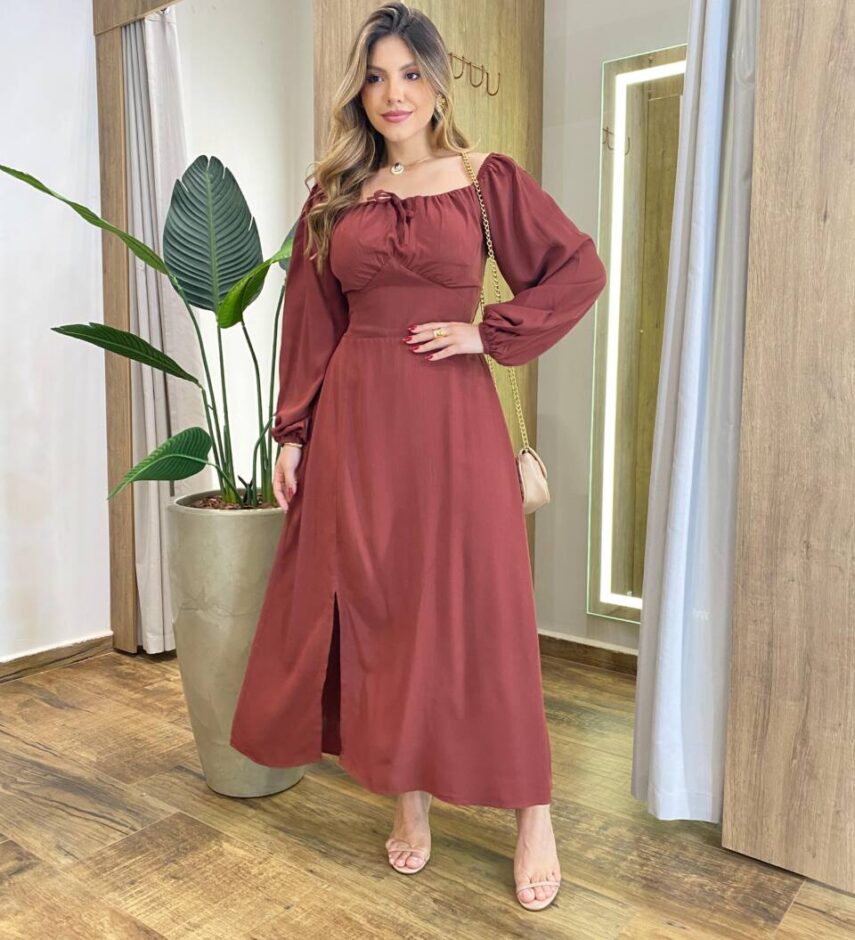 Vestido Feminino Lara Longo sem Bojo Detalhes Marrom Avermelhado - Fernanda Ramos Store