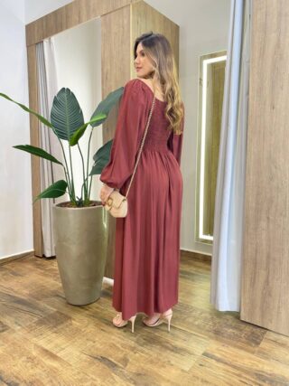 Vestido Feminino Lara Longo sem Bojo Detalhes Marrom Avermelhado - Fernanda Ramos Store