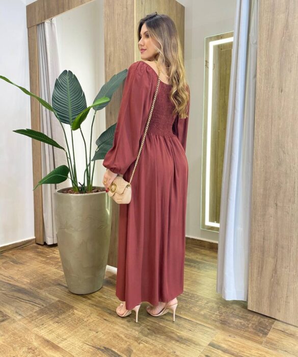 Vestido Feminino Lara Longo sem Bojo Detalhes Marrom Avermelhado - Fernanda Ramos Store