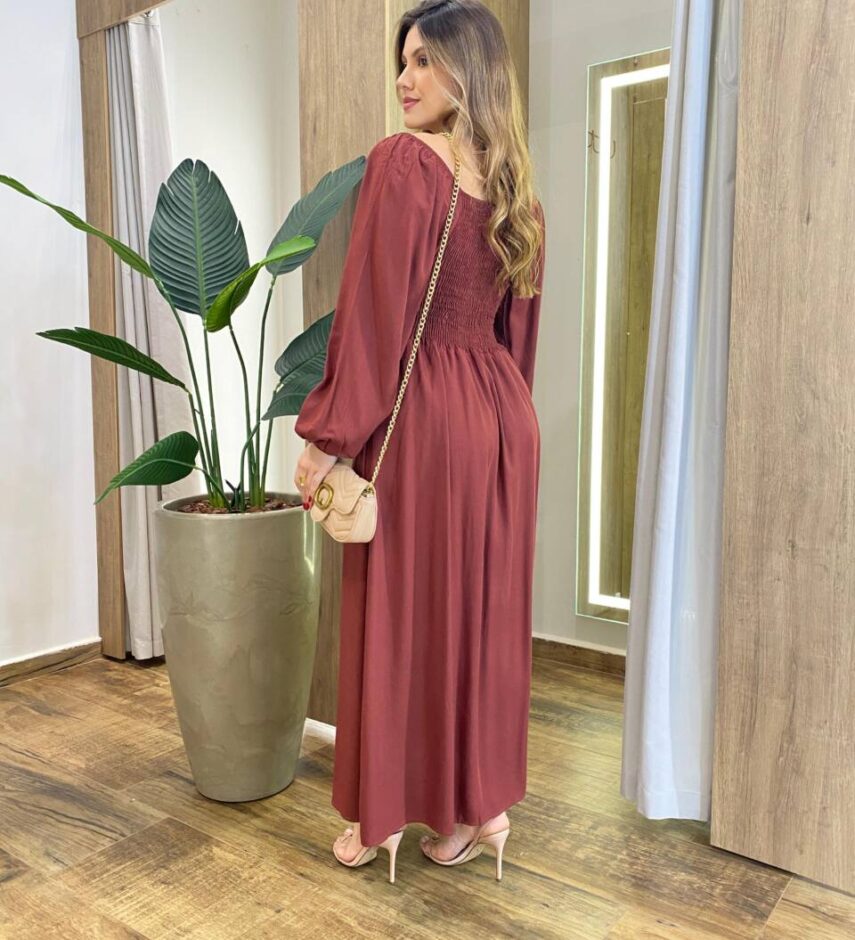 Vestido Feminino Lara Longo sem Bojo Detalhes Marrom Avermelhado - Fernanda Ramos Store