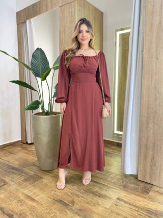 Vestido Feminino Lara Longo sem Bojo Detalhes Marrom Avermelhado - Fernanda Ramos Store