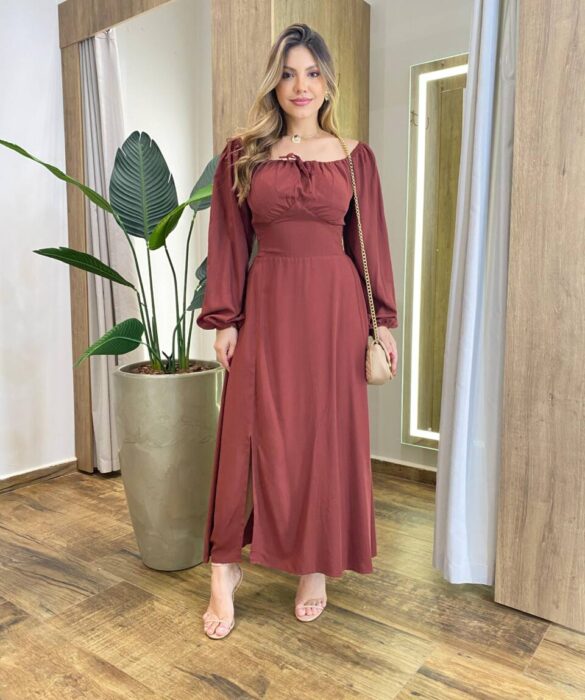 Vestido Feminino Lara Longo sem Bojo Detalhes Marrom Avermelhado - Fernanda Ramos Store