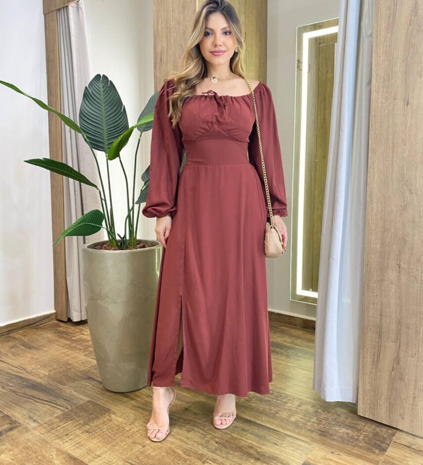 Vestido Feminino Lara Longo sem Bojo Detalhes Marrom Avermelhado - Fernanda Ramos Store