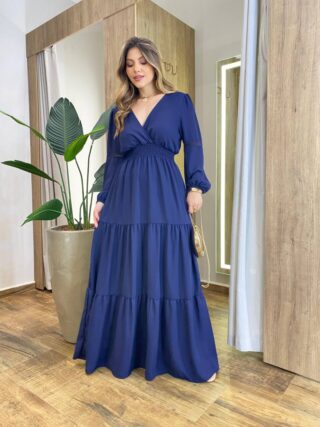 Vestido Feminino Liz Longo sem Bojo Manga Longa Azul Marinho - Fernanda Ramos Store