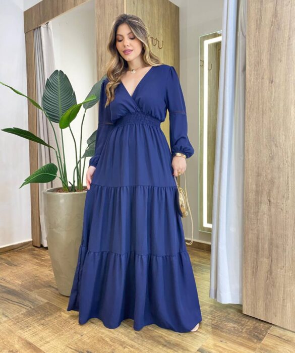 Vestido Feminino Liz Longo sem Bojo Manga Longa Azul Marinho - Fernanda Ramos Store
