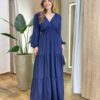 Vestido Feminino Liz Longo sem Bojo Manga Longa Azul Marinho - Fernanda Ramos Store