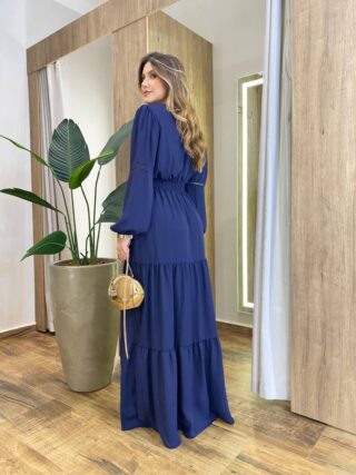 Vestido Feminino Liz Longo sem Bojo Manga Longa Azul Marinho - Fernanda Ramos Store