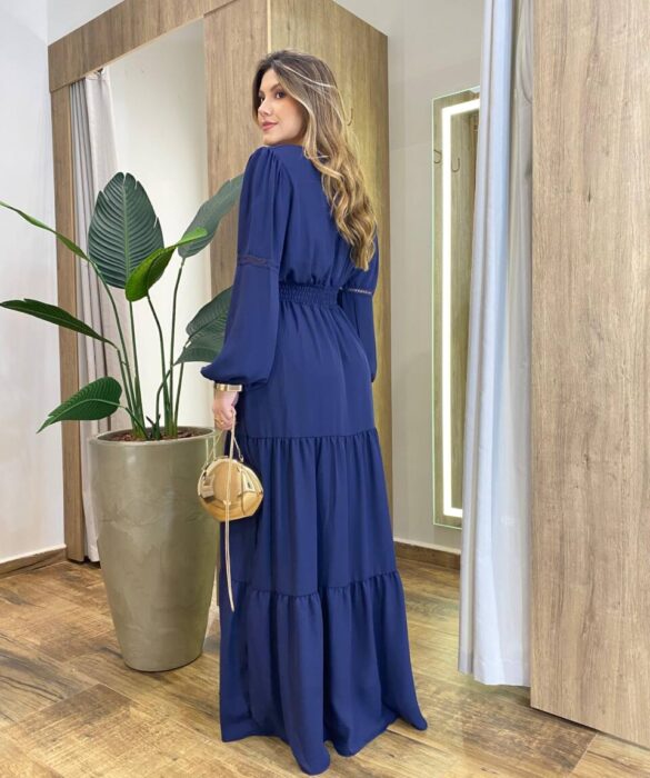 Vestido Feminino Liz Longo sem Bojo Manga Longa Azul Marinho - Fernanda Ramos Store