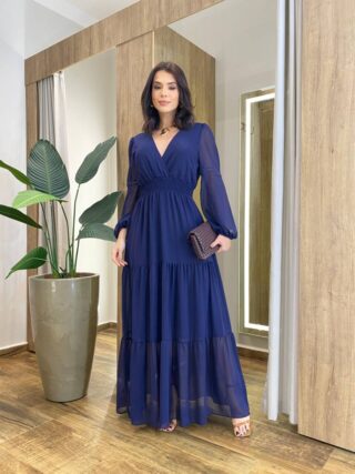 Vestido Feminino Liz Longo sem Bojo Manga Longa Azul Marinho - Fernanda Ramos Store