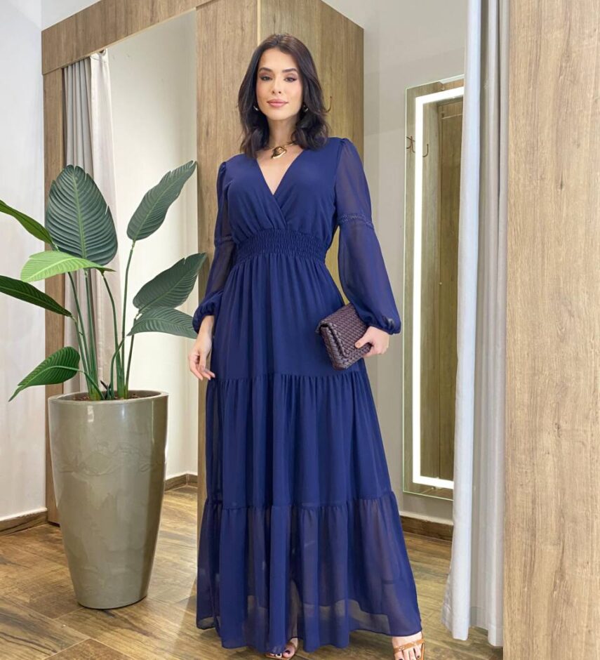 Vestido Feminino Liz Longo sem Bojo Manga Longa Azul Marinho - Fernanda Ramos Store