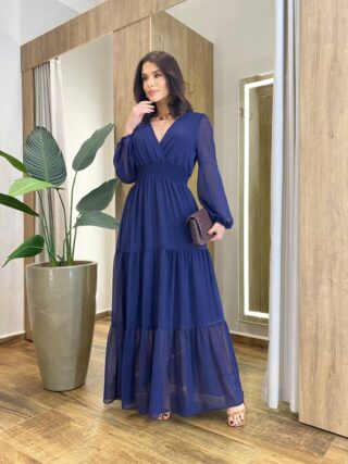 Vestido Feminino Liz Longo sem Bojo Manga Longa Azul Marinho - Fernanda Ramos Store
