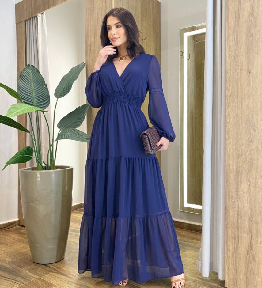 Vestido Feminino Liz Longo sem Bojo Manga Longa Azul Marinho - Fernanda Ramos Store