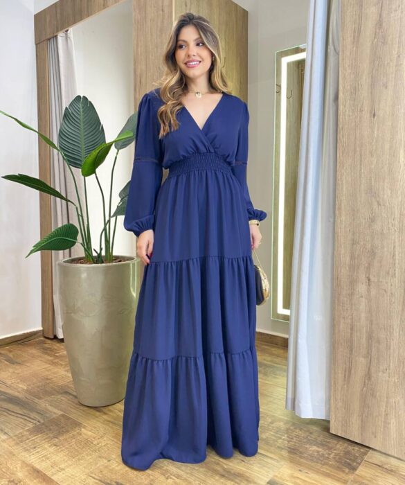 Vestido Feminino Liz Longo sem Bojo Manga Longa Azul Marinho - Fernanda Ramos Store