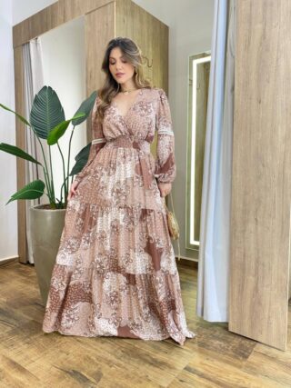 Vestido Feminino Liz Longo sem Bojo Manga Longa Estampado Marrom - Fernanda Ramos Store