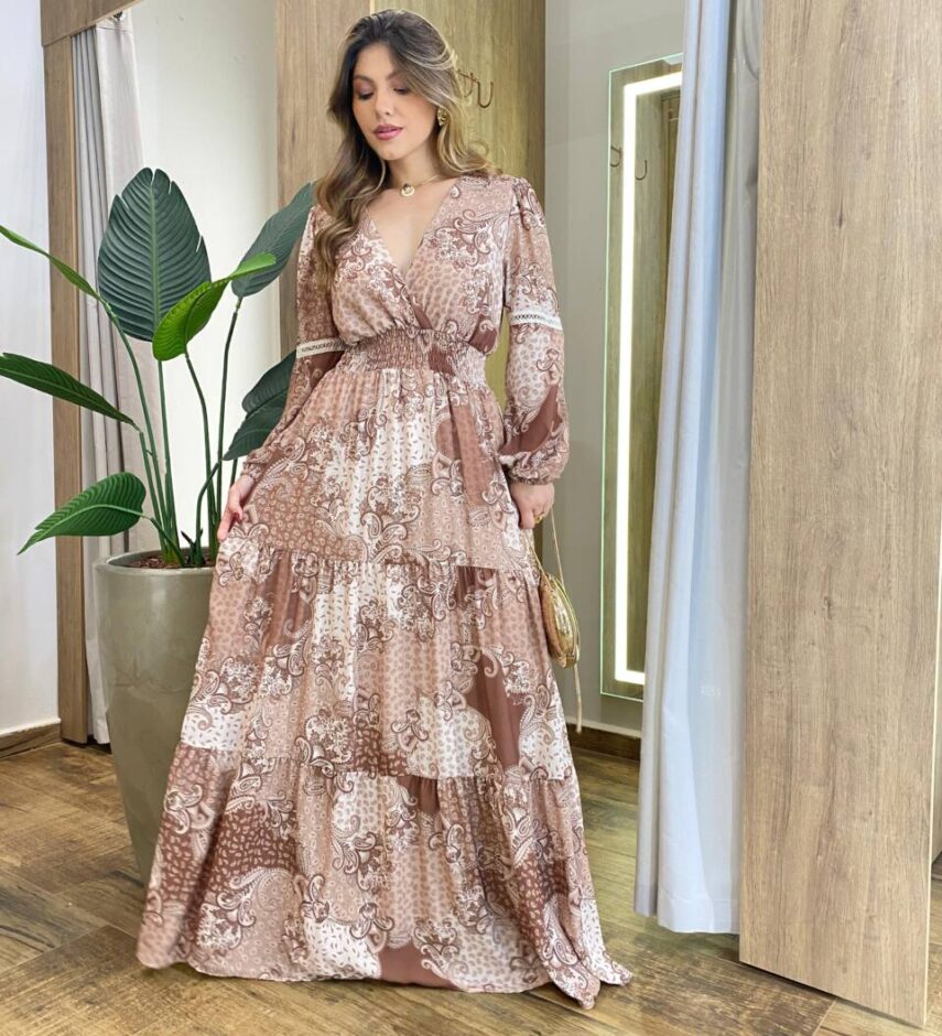 Vestido Feminino Liz Longo sem Bojo Manga Longa Estampado Marrom - Fernanda Ramos Store