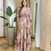 Vestido Feminino Liz Longo sem Bojo Manga Longa Estampado Marrom - Fernanda Ramos Store