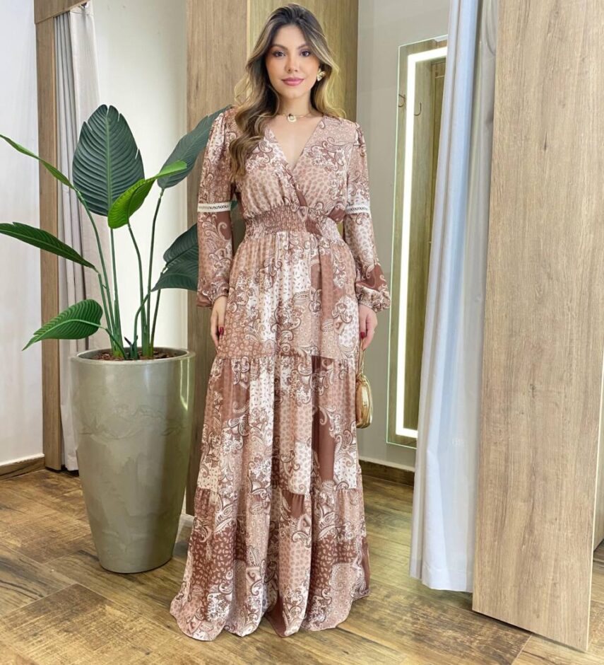 Vestido Feminino Liz Longo sem Bojo Manga Longa Estampado Marrom - Fernanda Ramos Store